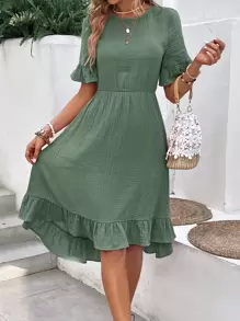 EMERY ROSE 1pc Solid Flounce Sleeve Ruffle Hem Dress Without Belt - Mint Green - View 5