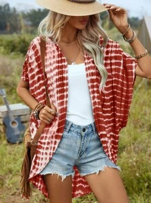 SHEIN LUNE Tie Dye Batwing Sleeve Open Front Kimono Without Cami Top - Red and White - View 1