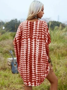 SHEIN LUNE Tie Dye Batwing Sleeve Open Front Kimono Without Cami Top - Red and White - View 2