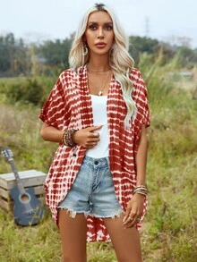 SHEIN LUNE Tie Dye Batwing Sleeve Open Front Kimono Without Cami Top - Red and White - View 3