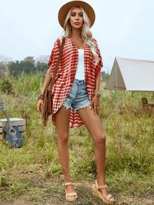 SHEIN LUNE Tie Dye Batwing Sleeve Open Front Kimono Without Cami Top - Red and White - View 4