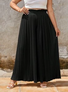 SHEIN Frenchy 大碼紙袋腰百褶闊腿褲 - 黑色 - 查看 1