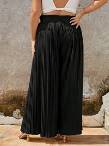 SHEIN Frenchy 大碼紙袋腰百褶闊腿褲 - 黑色 - 查看 2