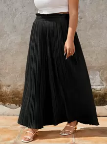 SHEIN Frenchy 大碼紙袋腰百褶闊腿褲 - 黑色 - 查看 3