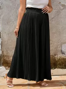 SHEIN Frenchy 大碼紙袋腰百褶闊腿褲 - 黑色 - 查看 5