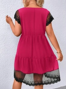 SHEIN Franclia 大碼休閒蕾絲拼接 荷葉邊純色連衣裙 - 玫紅色 - 查看 2