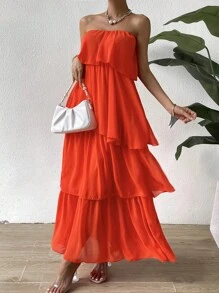 SHEIN Privé Two Layer Hem Tube Dress - Orange - View 3