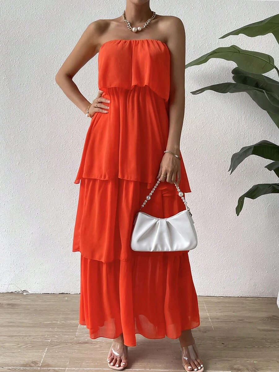 SHEIN Privé Two Layer Hem Tube Dress - Orange - View 1