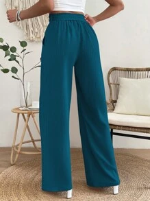 SHEIN Privé Nếp gấp cao eo Thắt lưng Quần ống rộng - Màu xanh ngọc - Xem 2
