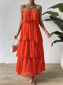 SHEIN Privé Two Layer Hem Tube Dress - Orange - View 4