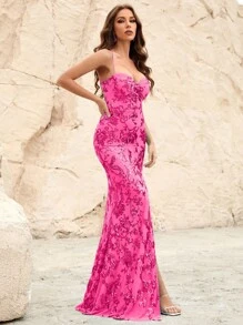 Split Thigh Sequin Cami Formal Dress - Hot Pink - View 4