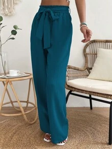 SHEIN Privé Nếp gấp cao eo Thắt lưng Quần ống rộng - Màu xanh ngọc - Xem 5