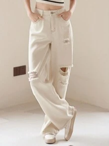 DAZY Ripped Straight Leg Jeans - White - View 1