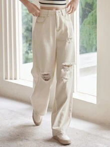 DAZY Ripped Straight Leg Jeans - White - View 3