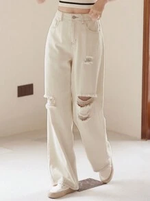 DAZY Ripped Straight Leg Jeans - White - View 4