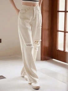 DAZY Ripped Straight Leg Jeans - White - View 6