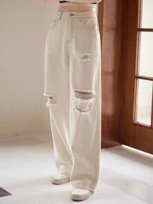 DAZY Ripped Straight Leg Jeans - White - View 7