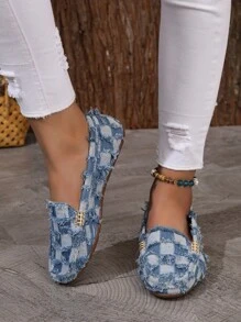 女性方格圖案毛邊緣設計平底鞋,時尚織物樂福鞋適用於戶外 - 彩色 - 查看 1