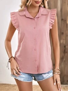 SHEIN Clasi 素色前紐扣荷葉邊襯衫 - 粉色 - 查看 3