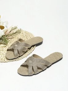 Dép trượt thiết kế bện cho nữ, Dép đế bằng vải cho kỳ nghỉ hè - Màu Khaki - Xem 1