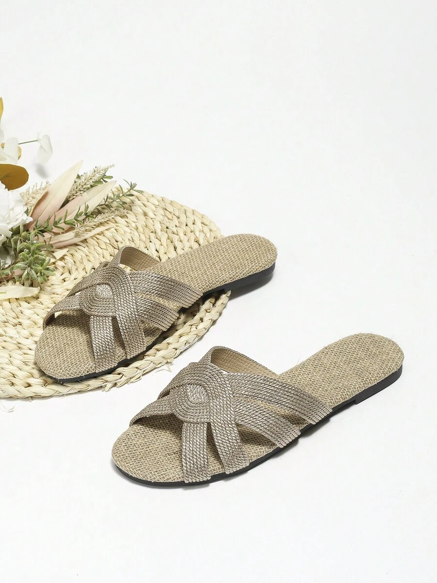 Dép trượt thiết kế bện cho nữ, Dép đế bằng vải cho kỳ nghỉ hè - Màu Khaki - Xem 1