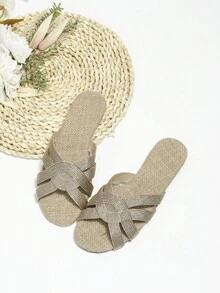Dép trượt thiết kế bện cho nữ, Dép đế bằng vải cho kỳ nghỉ hè - Màu Khaki - Xem 2