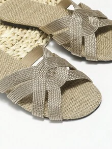 Dép trượt thiết kế bện cho nữ, Dép đế bằng vải cho kỳ nghỉ hè - Màu Khaki - Xem 3