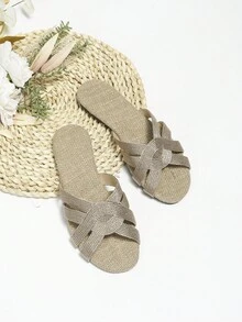 Dép trượt thiết kế bện cho nữ, Dép đế bằng vải cho kỳ nghỉ hè - Màu Khaki - Xem 4