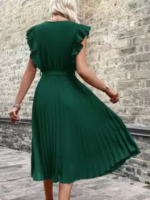 SHEIN LUNE 交疊領荷葉邊百褶下擺繫腰帶連衣裙 - 綠色 - 查看 2