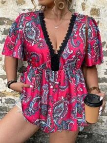 SHEIN LUNE 大碼佩斯利印花鏤空蕾絲花邊深V領荷葉邊下擺襯衫 - 玫紅色 - 查看 1