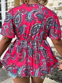 SHEIN LUNE 大碼佩斯利印花鏤空蕾絲花邊深V領荷葉邊下擺襯衫 - 玫紅色 - 查看 2