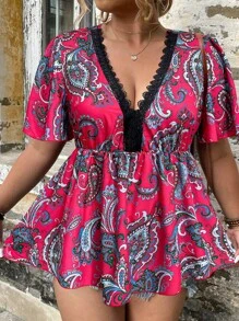 SHEIN LUNE 大碼佩斯利印花鏤空蕾絲花邊深V領荷葉邊下擺襯衫 - 玫紅色 - 查看 3