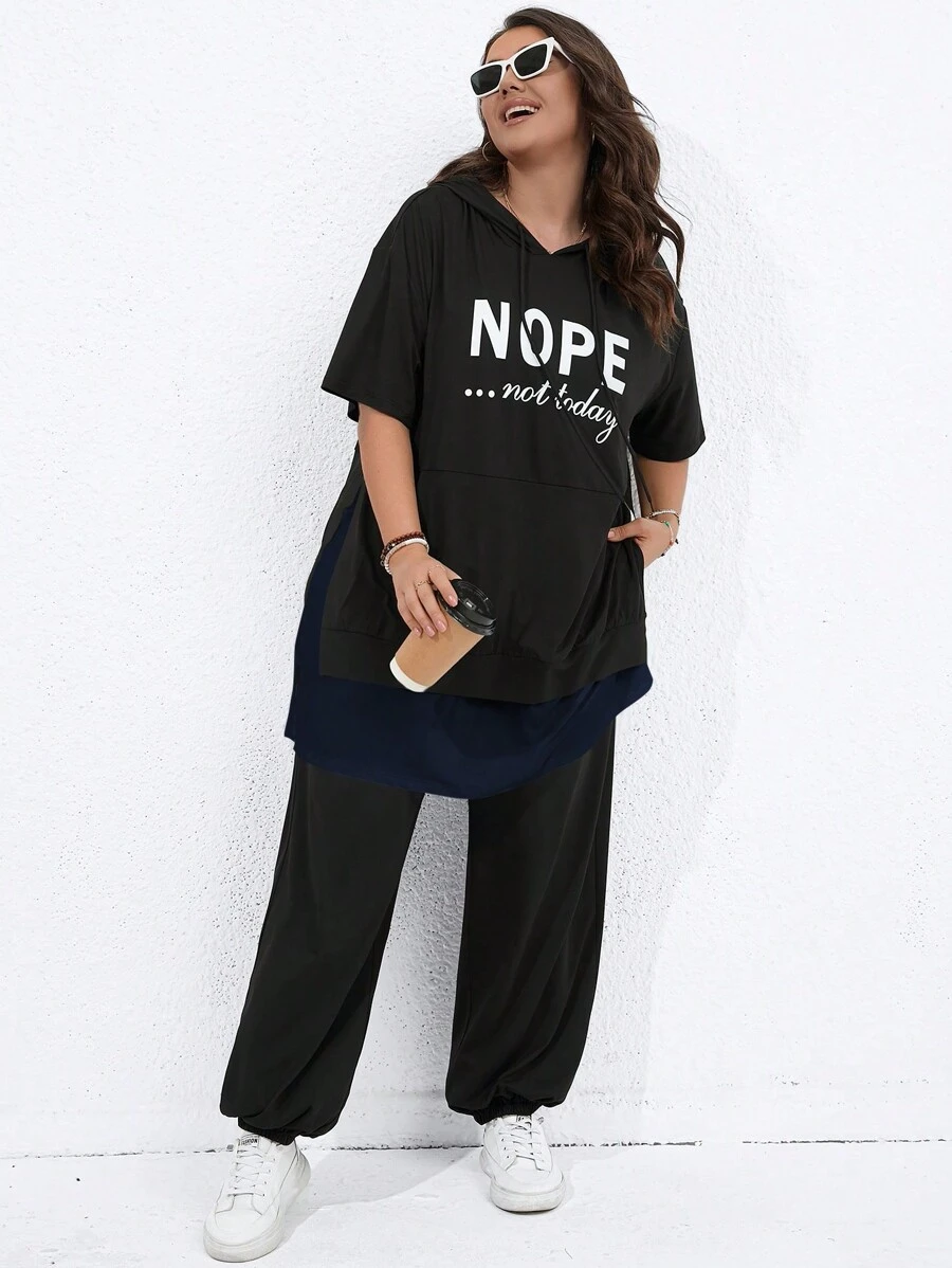 SHEIN LUNE Bộ thời trang Plus Size Dây kéo Túi Slogan Giải trí - Màu xanh hải quân - Xem 1