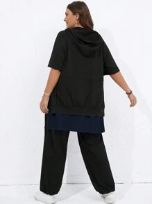 SHEIN LUNE Bộ thời trang Plus Size Dây kéo Túi Slogan Giải trí - Màu xanh hải quân - Xem 2