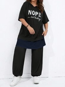 SHEIN LUNE Bộ thời trang Plus Size Dây kéo Túi Slogan Giải trí - Màu xanh hải quân - Xem 3