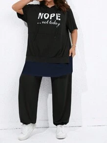 SHEIN LUNE Bộ thời trang Plus Size Dây kéo Túi Slogan Giải trí - Màu xanh hải quân - Xem 4
