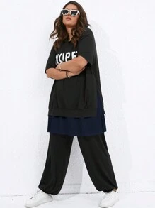 SHEIN LUNE Bộ thời trang Plus Size Dây kéo Túi Slogan Giải trí - Màu xanh hải quân - Xem 5