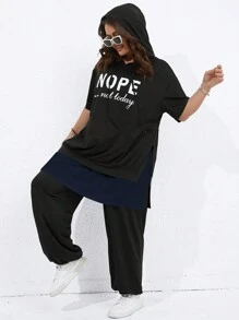 SHEIN LUNE Bộ thời trang Plus Size Dây kéo Túi Slogan Giải trí - Màu xanh hải quân - Xem 6