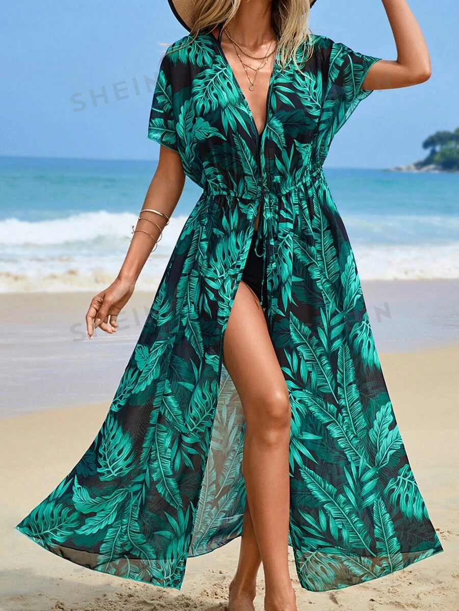 Swim Vcay Kimono cu șnur din talie cu imprimeu tropical