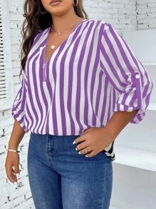 SHEIN Franclia 大碼條紋印花捲邊袖襯衫 - 紫色 - 查看 1