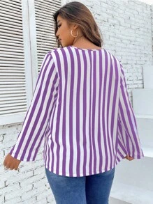 SHEIN Franclia 大碼條紋印花捲邊袖襯衫 - 紫色 - 查看 2