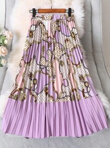 SHEIN Clasi 大碼錬條圖案百褶半身裙 - 紫色 - 查看 2