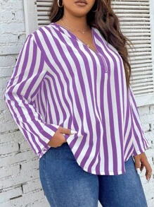 SHEIN Franclia 大碼條紋印花捲邊袖襯衫 - 紫色 - 查看 4