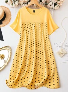 Plus Polka Dot Print Dress - Yellow - View 1