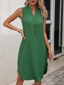 SHEIN VCAY Vestido sin manga unicolor con botón de muslo con abertura - Verde Oscuro - Ver 1