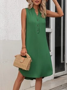 SHEIN VCAY Vestido sin manga unicolor con botón de muslo con abertura - Verde Oscuro - Ver 6
