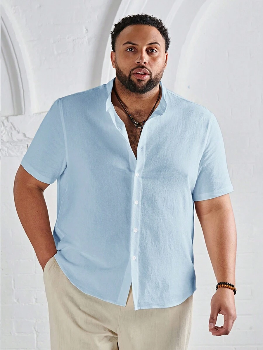 EASEVO Áo sơ mi nam cài nút trơn thường ngày cỡ lớn - Màu xanh nhạt - Xem 1