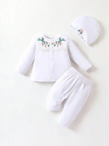 SHEIN 女嬰花卉刺繡上衣和褲子和帽 - 白色 - 查看 1