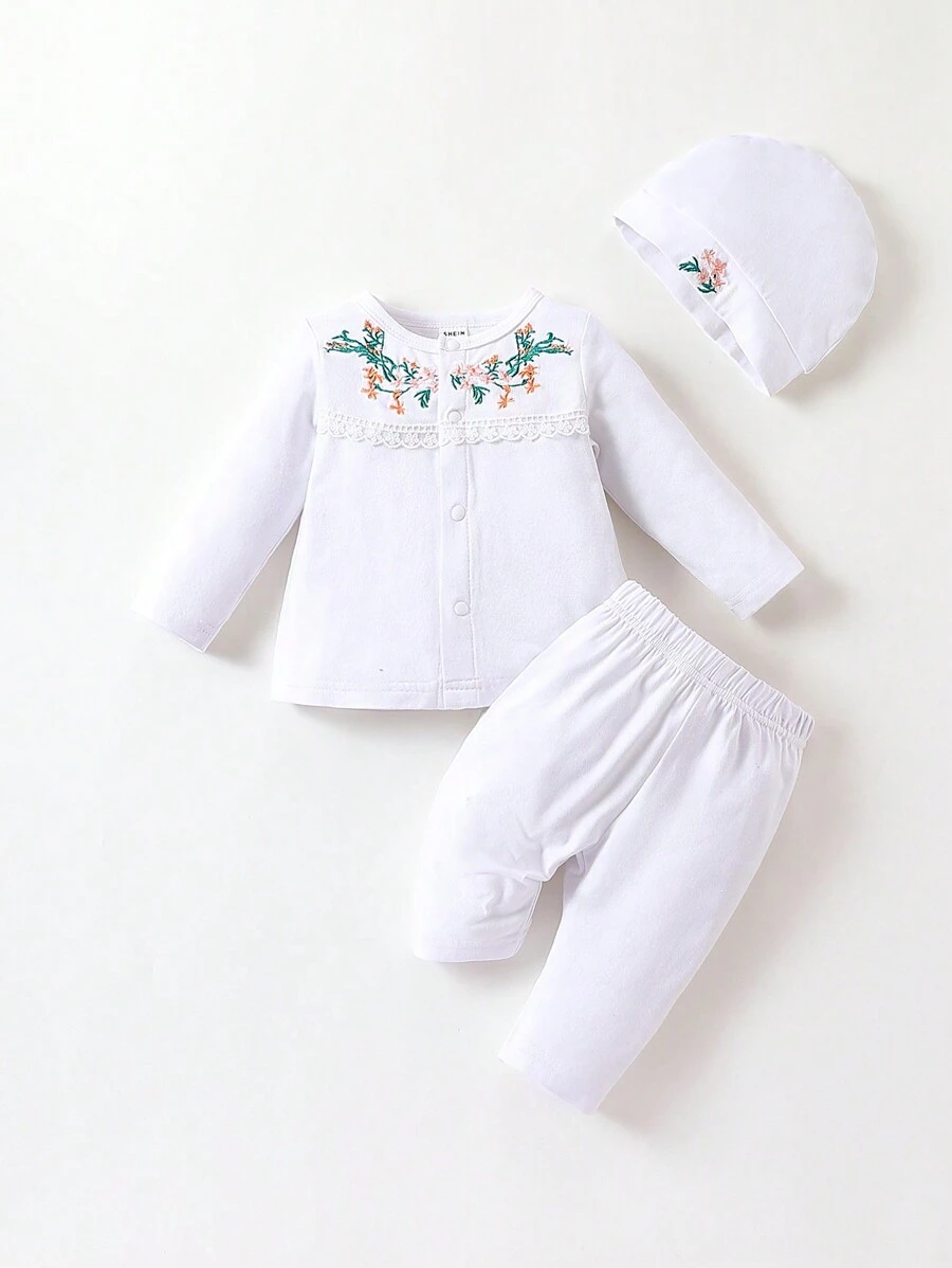 SHEIN 女嬰花卉刺繡上衣和褲子和帽 - 白色 - 查看 1