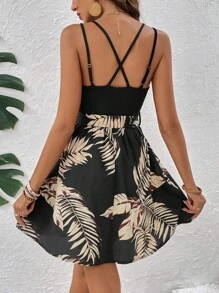 SHEIN Frenchy 熱帶圖案腰帶吊帶連衣裙 - 黑色 - 查看 2